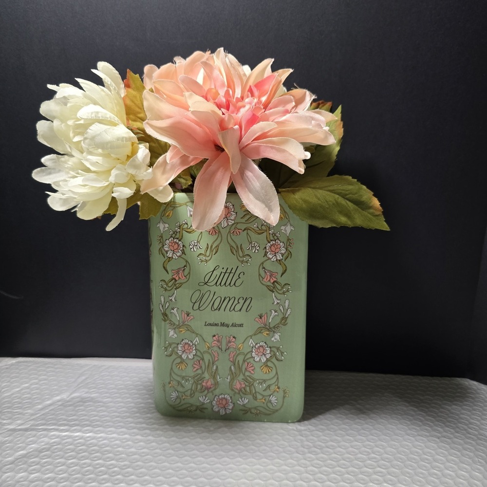 Aldi Kurkton Little Women Green Ceramic Floral Book Vase 8.5"H 6.5"x3"